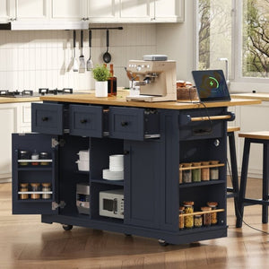 English Elm K&k 53 Inch Rolling Kitchen Island with Power Outlet Drop Leaf and Barn Door Storage N707S185531N
