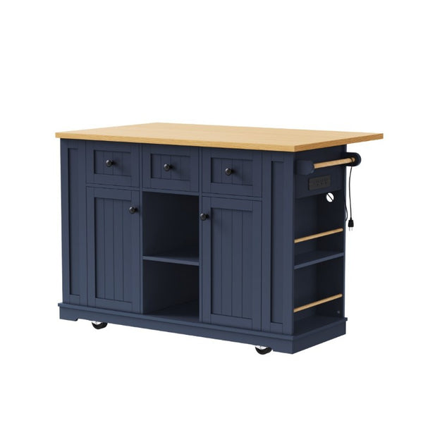English Elm K&k 53 Inch Rolling Kitchen Island with Power Outlet Drop Leaf and Barn Door Storage N707S185531N