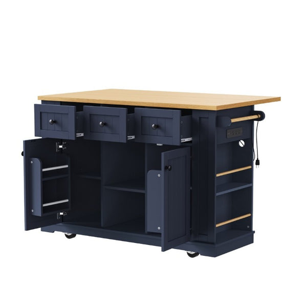 English Elm K&k 53 Inch Rolling Kitchen Island with Power Outlet Drop Leaf and Barn Door Storage N707S185531N