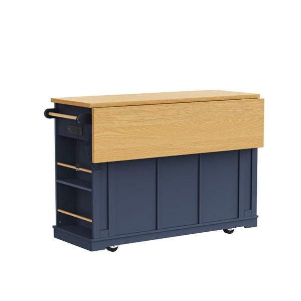 English Elm K&k 53 Inch Rolling Kitchen Island with Power Outlet Drop Leaf and Barn Door Storage N707S185531N