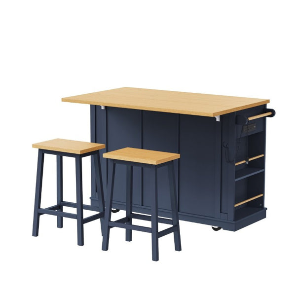 English Elm K&k 53 Inch Rolling Kitchen Island with Power Outlet Drop Leaf and Barn Door Storage N707S185531N