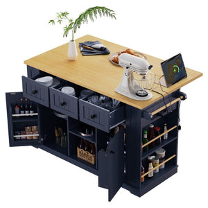English Elm K&k 53 Inch Rolling Kitchen Island with Power Outlet Drop Leaf and Barn Door Storage N707S185531N