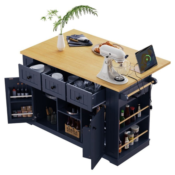 English Elm K&k 53 Inch Rolling Kitchen Island with Power Outlet Drop Leaf and Barn Door Storage N707S185531N