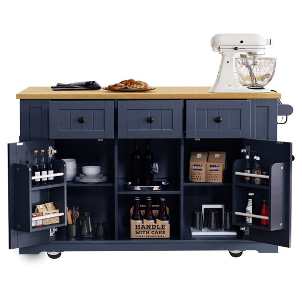 English Elm K&k 53 Inch Rolling Kitchen Island with Power Outlet Drop Leaf and Barn Door Storage N707S185531N