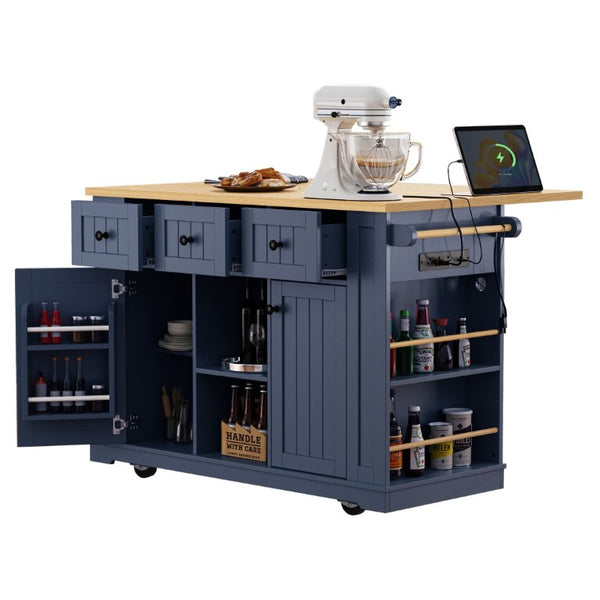 English Elm K&k 53 Inch Rolling Kitchen Island with Power Outlet Drop Leaf and Barn Door Storage N707S185531N