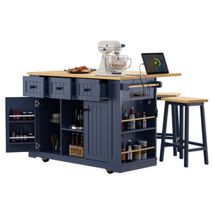 English Elm K&k 53 Inch Rolling Kitchen Island with Power Outlet Drop Leaf and Barn Door Storage N707S185531N