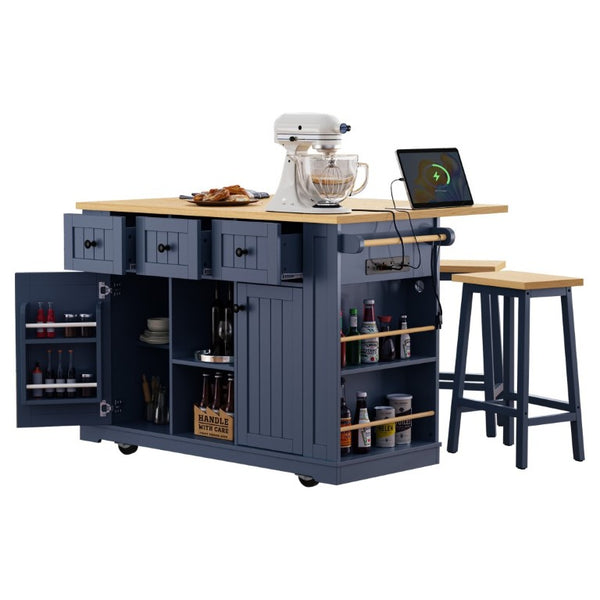 English Elm K&k 53 Inch Rolling Kitchen Island with Power Outlet Drop Leaf and Barn Door Storage N707S185531N