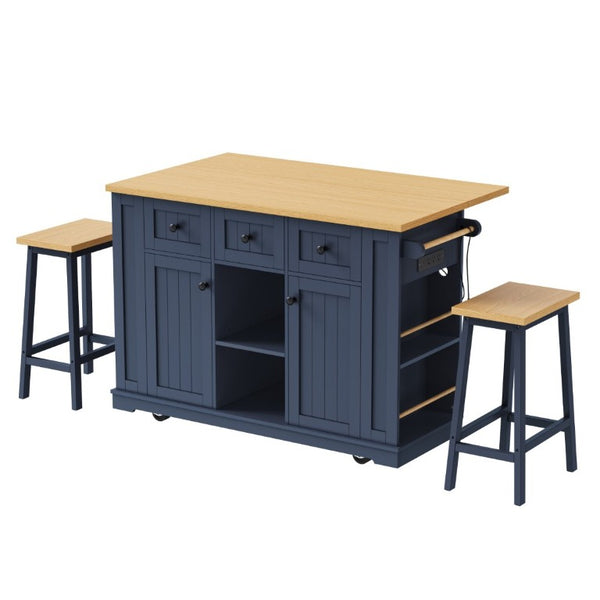 English Elm K&k 53 Inch Rolling Kitchen Island with Power Outlet Drop Leaf and Barn Door Storage N707S185531N