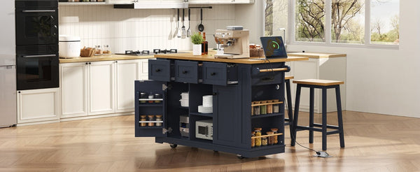 English Elm K&k 53 Inch Rolling Kitchen Island with Power Outlet Drop Leaf and Barn Door Storage N707S185531N