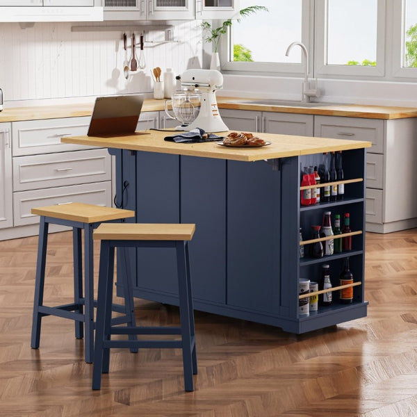 English Elm K&k 53 Inch Rolling Kitchen Island with Power Outlet Drop Leaf and Barn Door Storage N707S185531N