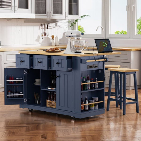 English Elm K&k 53 Inch Rolling Kitchen Island with Power Outlet Drop Leaf and Barn Door Storage N707S185531N