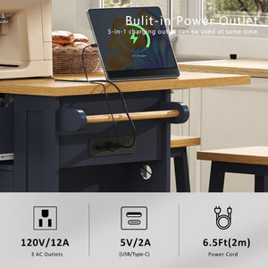 English Elm K&k 53 Inch Rolling Kitchen Island with Power Outlet Drop Leaf and Barn Door Storage N707S185531N