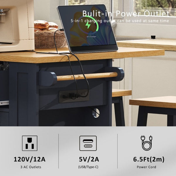 English Elm K&k 53 Inch Rolling Kitchen Island with Power Outlet Drop Leaf and Barn Door Storage N707S185531N