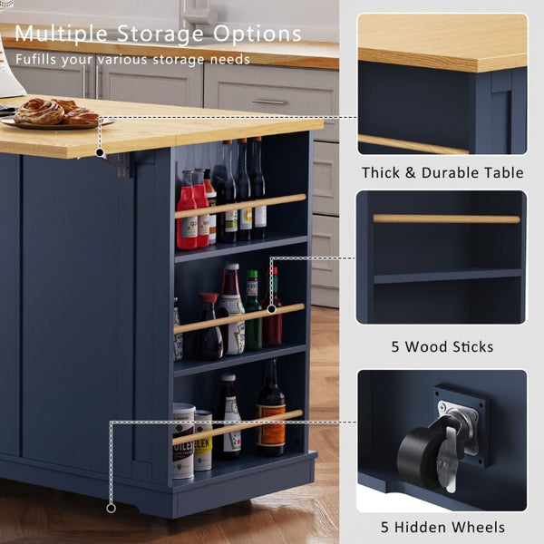 English Elm K&k 53 Inch Rolling Kitchen Island with Power Outlet Drop Leaf and Barn Door Storage N707S185531N