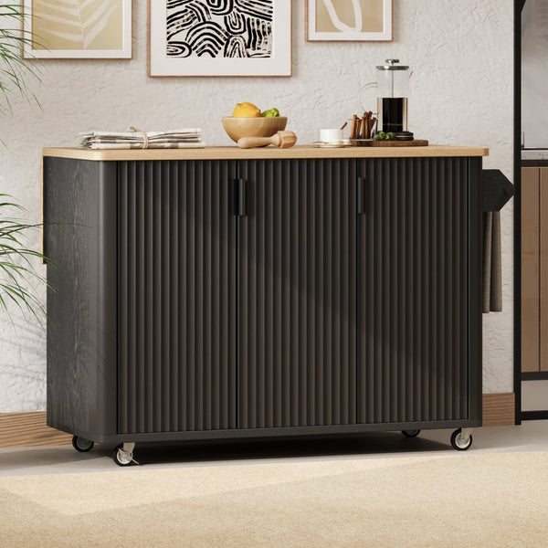 English Elm K&k Fluted Rolling Kitchen Island with Drop Leaf Ash Veneer Two Tone Storage Cart Black N707S221446B