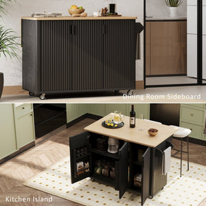 English Elm K&k Fluted Rolling Kitchen Island with Drop Leaf Ash Veneer Two Tone Storage Cart Black N707S221446B