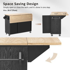 English Elm K&k Fluted Rolling Kitchen Island with Drop Leaf Ash Veneer Two Tone Storage Cart Black N707S221446B