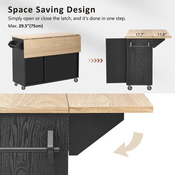 English Elm K&k Fluted Rolling Kitchen Island with Drop Leaf Ash Veneer Two Tone Storage Cart Black N707S221446B