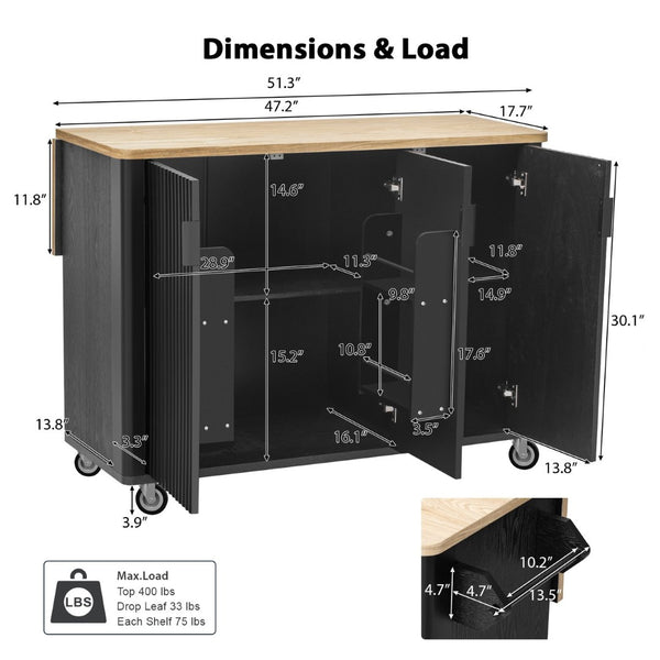 English Elm K&k Fluted Rolling Kitchen Island with Drop Leaf Ash Veneer Two Tone Storage Cart Black N707S221446B
