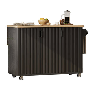 English Elm K&k Fluted Rolling Kitchen Island with Drop Leaf Ash Veneer Two Tone Storage Cart Black N707S221446B