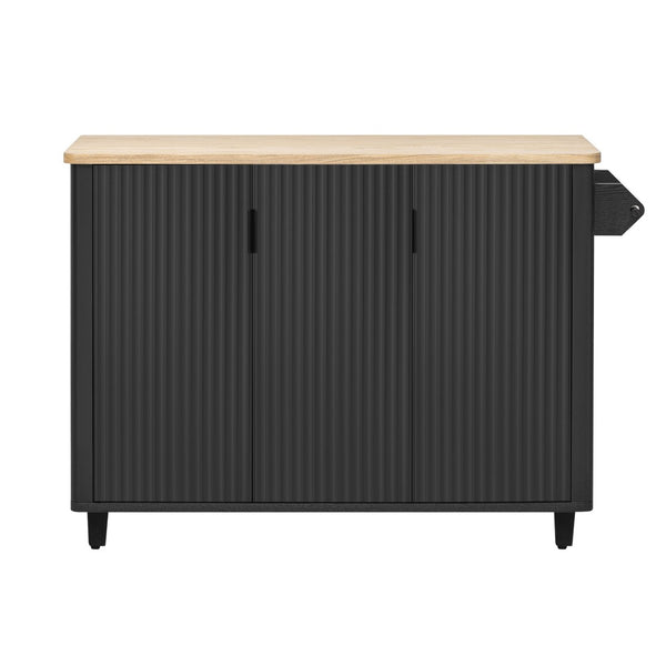 English Elm K&k Fluted Rolling Kitchen Island with Drop Leaf Ash Veneer Two Tone Storage Cart Black N707S221446B