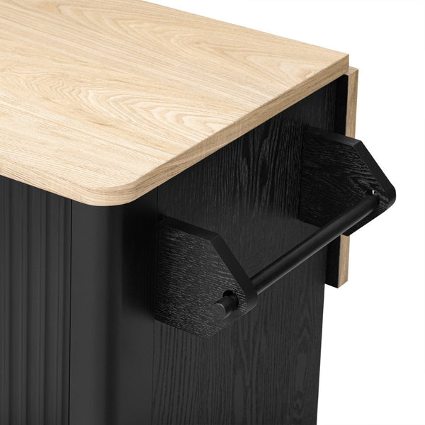English Elm K&k Fluted Rolling Kitchen Island with Drop Leaf Ash Veneer Two Tone Storage Cart Black N707S221446B