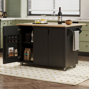 English Elm K&k Fluted Rolling Kitchen Island with Drop Leaf Ash Veneer Two Tone Storage Cart Black N707S221446B