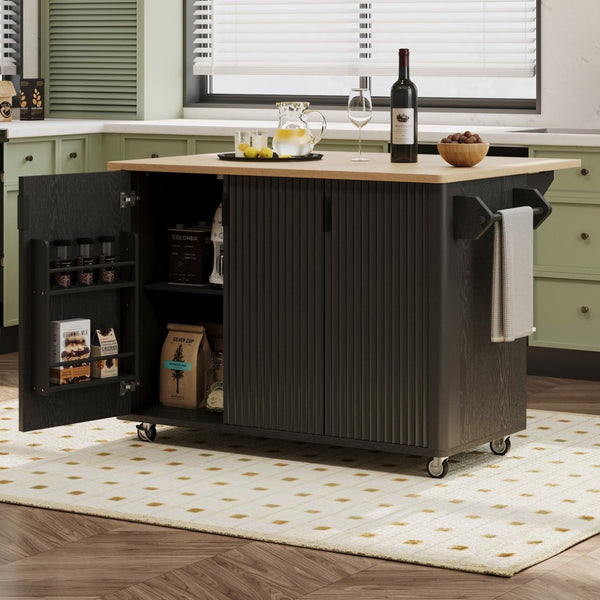 English Elm K&k Fluted Rolling Kitchen Island with Drop Leaf Ash Veneer Two Tone Storage Cart Black N707S221446B