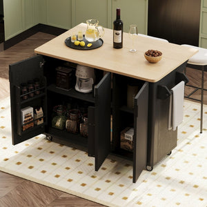 English Elm K&k Fluted Rolling Kitchen Island with Drop Leaf Ash Veneer Two Tone Storage Cart Black N707S221446B