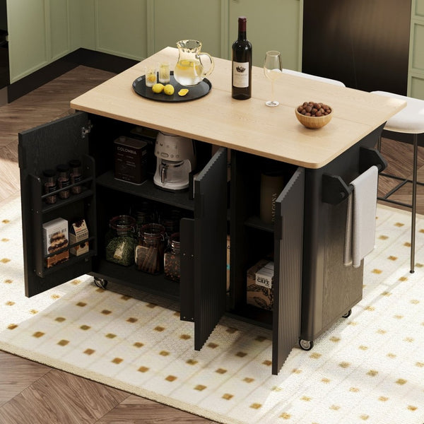 English Elm K&k Fluted Rolling Kitchen Island with Drop Leaf Ash Veneer Two Tone Storage Cart Black N707S221446B