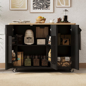 English Elm K&k Fluted Rolling Kitchen Island with Drop Leaf Ash Veneer Two Tone Storage Cart Black N707S221446B