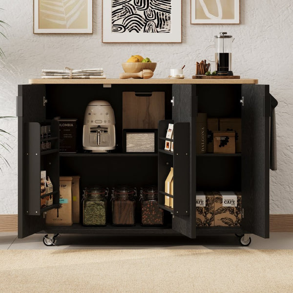 English Elm K&k Fluted Rolling Kitchen Island with Drop Leaf Ash Veneer Two Tone Storage Cart Black N707S221446B