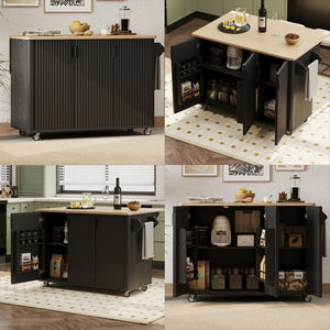 English Elm K&k Fluted Rolling Kitchen Island with Drop Leaf Ash Veneer Two Tone Storage Cart Black N707S221446B