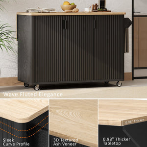 English Elm K&k Fluted Rolling Kitchen Island with Drop Leaf Ash Veneer Two Tone Storage Cart Black N707S221446B