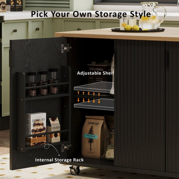 English Elm K&k Fluted Rolling Kitchen Island with Drop Leaf Ash Veneer Two Tone Storage Cart Black N707S221446B
