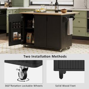 English Elm K&k Fluted Rolling Kitchen Island with Drop Leaf Ash Veneer Two Tone Storage Cart Black N707S221446B