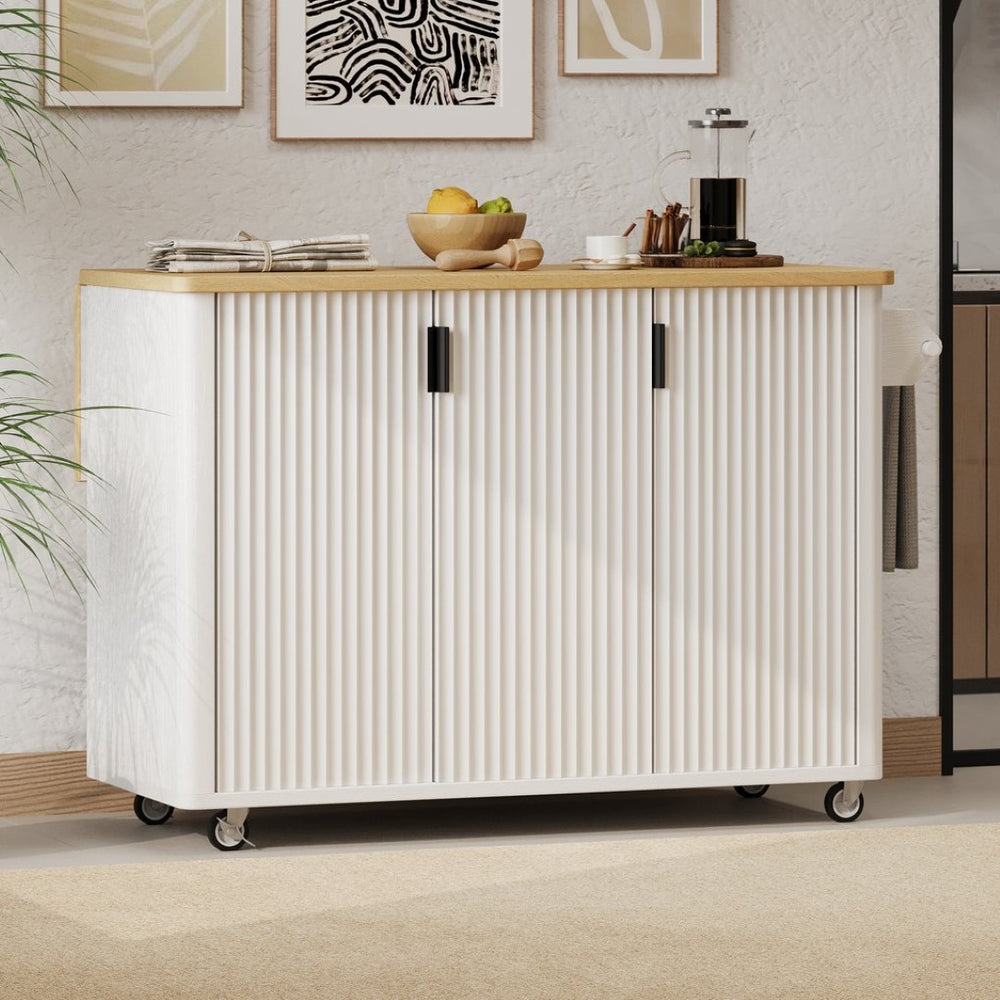 English Elm K&k Fluted Rolling Kitchen Island with Drop Leaf Ash Veneer Two Tone Storage Cart White N707S221446W