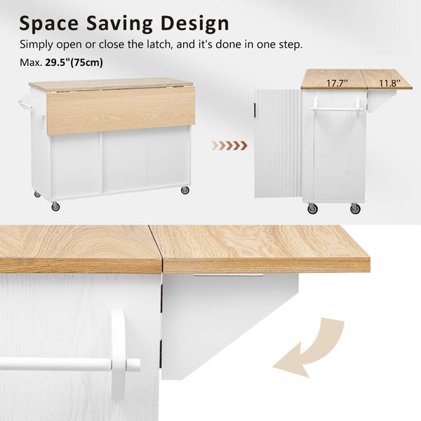 English Elm K&k Fluted Rolling Kitchen Island with Drop Leaf Ash Veneer Two Tone Storage Cart White N707S221446W