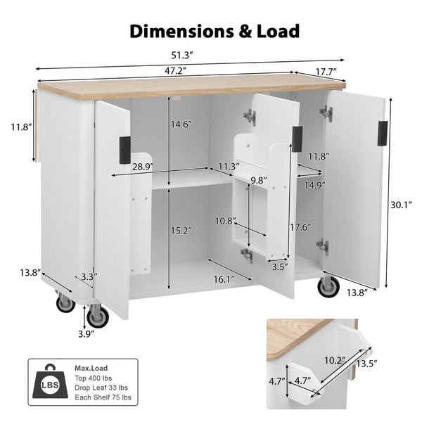 English Elm K&k Fluted Rolling Kitchen Island with Drop Leaf Ash Veneer Two Tone Storage Cart White N707S221446W