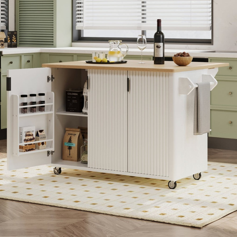 English Elm K&k Fluted Rolling Kitchen Island with Drop Leaf Ash Veneer Two Tone Storage Cart White N707S221446W