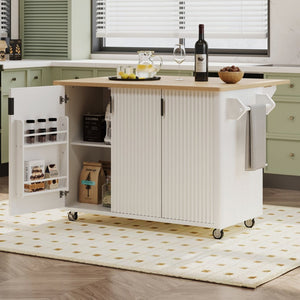 English Elm K&k Fluted Rolling Kitchen Island with Drop Leaf Ash Veneer Two Tone Storage Cart White N707S221446W