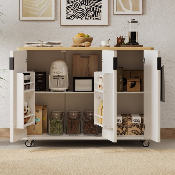 English Elm K&k Fluted Rolling Kitchen Island with Drop Leaf Ash Veneer Two Tone Storage Cart White N707S221446W
