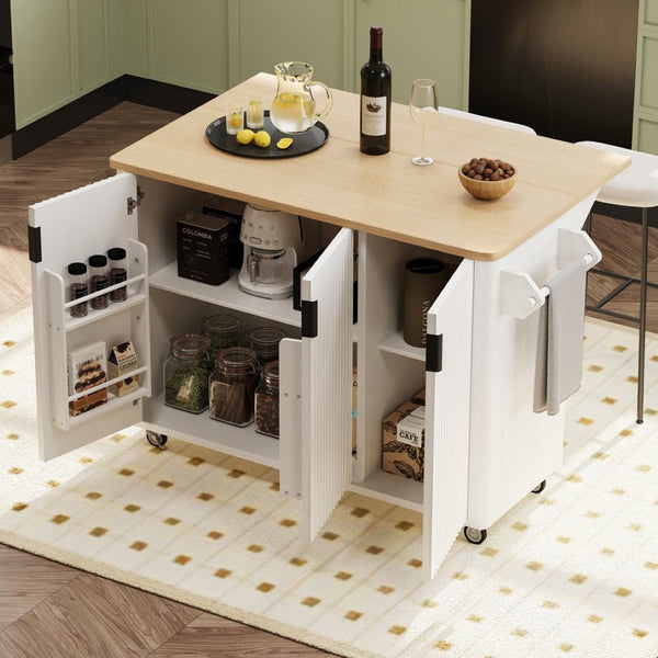 English Elm K&k Fluted Rolling Kitchen Island with Drop Leaf Ash Veneer Two Tone Storage Cart White N707S221446W