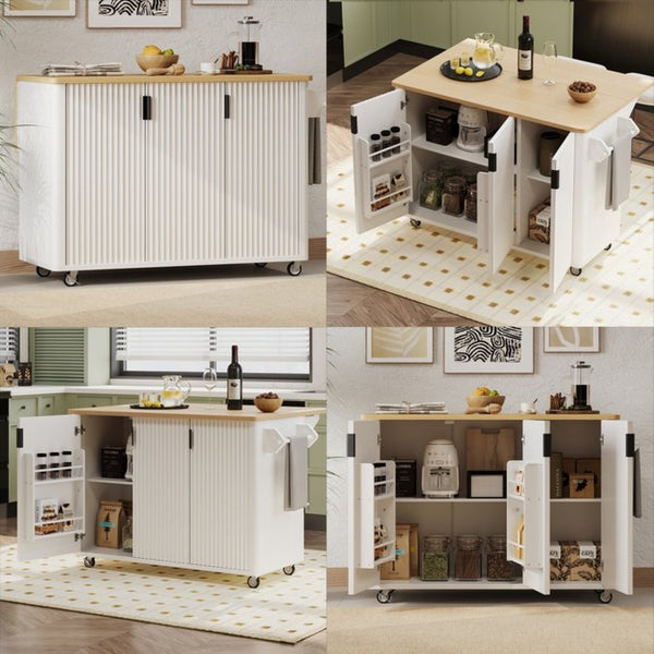 English Elm K&k Fluted Rolling Kitchen Island with Drop Leaf Ash Veneer Two Tone Storage Cart White N707S221446W