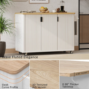 English Elm K&k Fluted Rolling Kitchen Island with Drop Leaf Ash Veneer Two Tone Storage Cart White N707S221446W