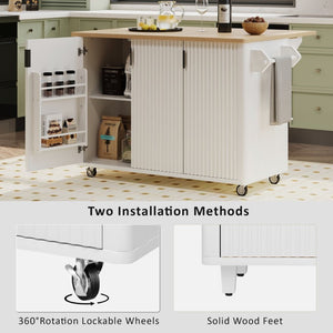 English Elm K&k Fluted Rolling Kitchen Island with Drop Leaf Ash Veneer Two Tone Storage Cart White N707S221446W