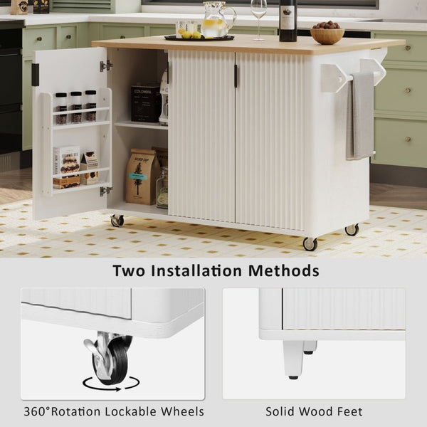 English Elm K&k Fluted Rolling Kitchen Island with Drop Leaf Ash Veneer Two Tone Storage Cart White N707S221446W