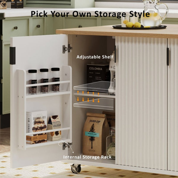 English Elm K&k Fluted Rolling Kitchen Island with Drop Leaf Ash Veneer Two Tone Storage Cart White N707S221446W