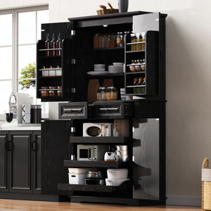 English Elm K&k Tall Farmhouse Pantry Cabinet with Pull Out Organizers and Six Door Shelves Black N707S256507B