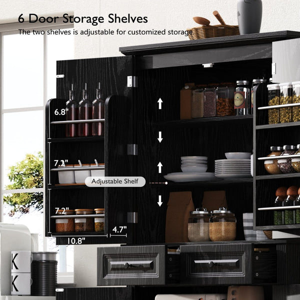 English Elm K&k Tall Farmhouse Pantry Cabinet with Pull Out Organizers and Six Door Shelves Black N707S256507B